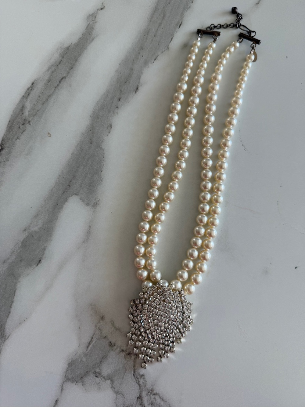 Pearl Double-Strand Necklace with Crystal Pendant - ivory